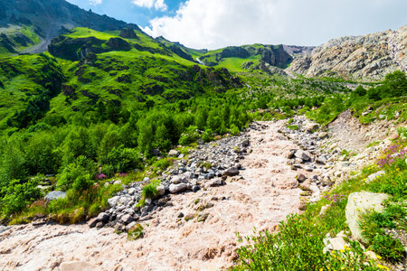 Picturesque mountain landscape of the valley of the mountain river Terskol. Caucasus, Elbrus region.の写真素材