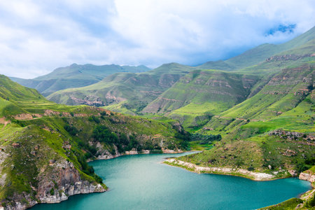 Picturesque view of the mountain lake Gizhgit with azure water. Caucasusの写真素材