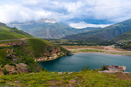 Picturesque view of the mountain lake Gizhgit with azure water. Caucasusの写真素材