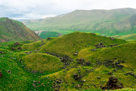 Picturesque mountain landscape with green rocky hills. Caucasus Mountainsの写真素材
