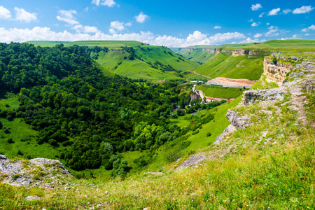Picturesque view of the Alikonovskoye gorge from Mount Ukazatel. Caucasusの写真素材