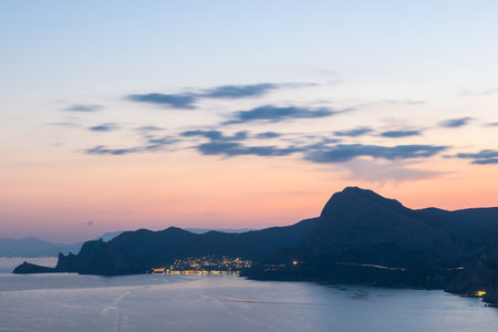 Picturesque evening view of Mount Sokol and the southern coast of the Crimean peninsula. Russiaの写真素材