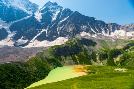Picturesque mountain landscape with a view of the glacier "seven" and a mountain lake. Caucasus Mountainsの写真素材