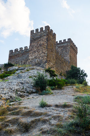 Medieval towers of the consular castle of the Genoese fortress in the city of Sudak. Crimean Peninsula.の写真素材