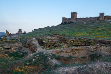 Picturesque view of the ruins and fortress wall of the Genoese fortress in the city of Sudak. Crimean Peninsula. Russiaの写真素材