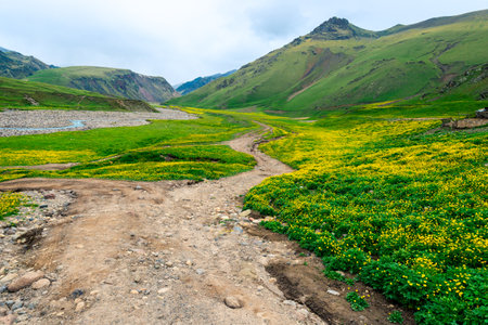 A dramatic scenic landscape with a dirt road descending into the Emmanuel Valley in the Elbrus regionの写真素材
