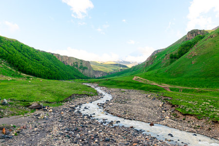 A picturesque landscape with a mountain river in the Emanuel Valley. Caucasusの写真素材
