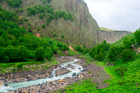 Beautiful mountain landscape of the rocky gorge of the mountain turbulent river Malka. Caucasus Mountainsの写真素材