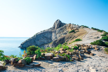 Picturesque seascape with beautiful view of Cape Kapchik and the Black Sea. Crimean Peninsula. Russiaの写真素材