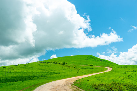 The bend of the dirt road leading to a beautiful green mountain against the background of the sky with cloudsの写真素材