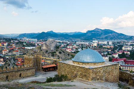 Beautiful view of the Genoese fortress mosque in the city of Sudak. Crimean peninsula.の写真素材