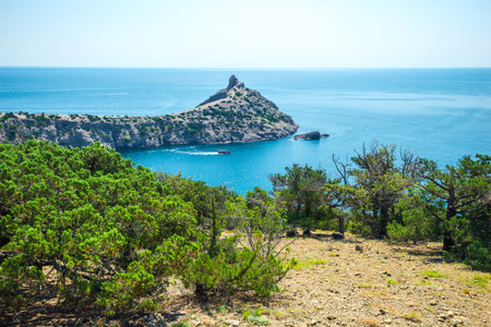 Picturesque seascape with beautiful view of Cape Kapchik and the Black Sea.の写真素材