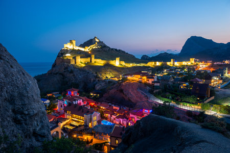 Night view of the old Genoese fortress in the city of Sudak. Crimean Peninsula. Russiaの写真素材