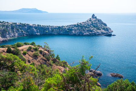 Picturesque seascape with beautiful view of Cape Kapchik and the Black Sea. Crimean Peninsula. Russiaの写真素材