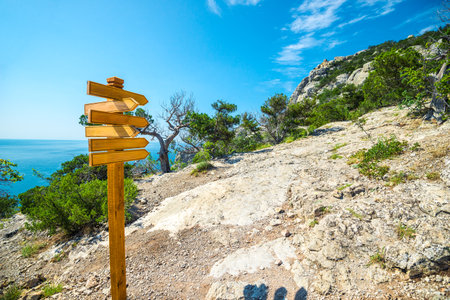 Empty wooden signs in a tourist spot. Crimean Peninsula. Russiaの写真素材