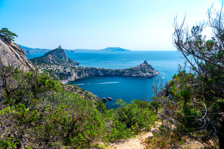 Dramatic view with old dry tree on Cape Kapchik and Black Sea. Crimean Peninsula. Russiaの写真素材