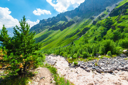 Picturesque mountain landscape of the valley of the mountain river Terskol. Caucasus, Elbrus region.の写真素材