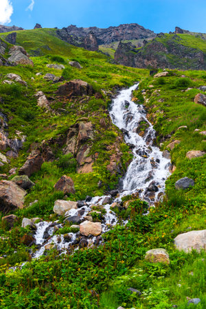 Rocky green slope with a turbulent white stream of a fresh mountain river. Caucasus, Elbrus region.の写真素材
