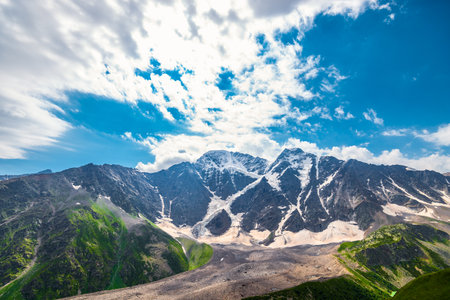 Beautiful dramatic view of the rocky glacier Semerka. North Caucasusの写真素材