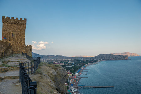 Picturesque view of the sea bay of the fortress wall of the Genoese fortress in the city of Sudak. Crimean Peninsula. Russiaの写真素材
