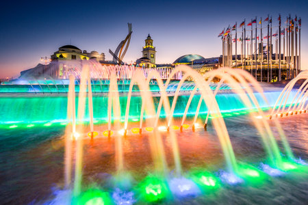 Evening view of the European Square and the fountain "abduction of Europe" at the Kiev railway station in Moscow. Russiaの写真素材