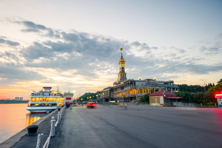 Evening view of the embankment of the Moscow northern river station and the moored cruise ship. Russiaの写真素材