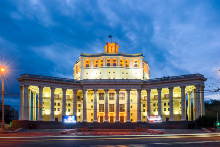 evening view of the Central Academic Theater of the Russian Army in Moscow. Russiaの写真素材
