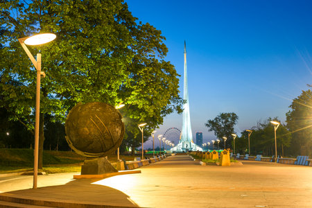 Evening view of the Monument to the Conquerors of Space Museum of Cosmonautics on Cosmonauts Alley. Moscow, Russiaの写真素材