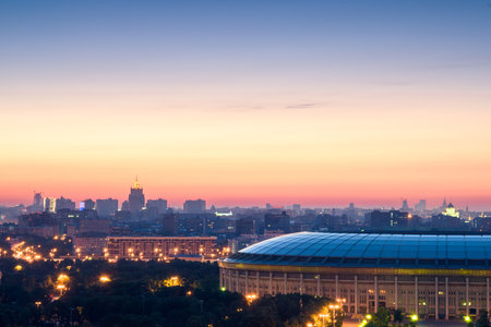 The predawn mesmerizing cityscape of the Luzhniki Football Stadium in Moscowの写真素材