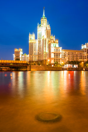 The highârise building on Kotelnicheskaya Embankment is one of the legendary Stalinist skyscrapers located at the confluence of the Yauza River with the Moskva River. Moscowの写真素材