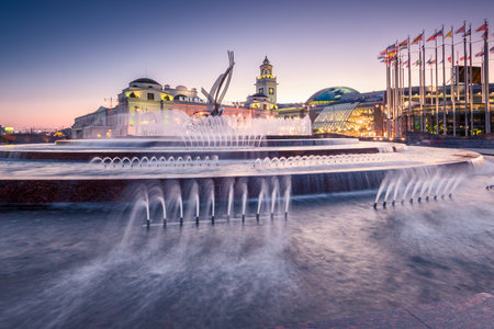 Evening view of the European Square and the fountain "abduction of Europe" at the Kiev railway station in Moscow. Russiaの写真素材