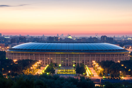 The predawn mesmerizing cityscape of the Luzhniki Football Stadium in Moscowの写真素材