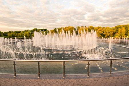 Beautiful summer light and music fountain of the Tsaritsyno Estate ensemble. Moscow, Russiaの写真素材