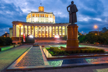 evening view of the Central Academic Theater of the Russian Army and the Monument to Suvorov in Moscow. Russiaの写真素材