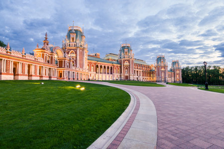 Evening view of the Ensemble of the Tsaritsyno Estate, the Grand Palace. Moscow, Russiaの写真素材