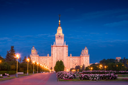 Predawn picturesque landscape with a high-rise building of Lomonosov Moscow State University in Moscowの写真素材
