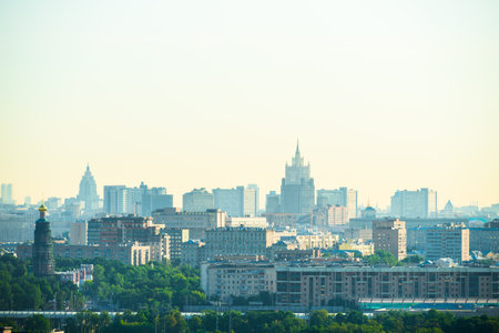 Morning urban landscape of Moscow from Vorobyovy Gory. Russiaの写真素材