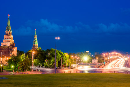 Night scenic view of the Borovitskaya tower of the Moscow Kremlin.の写真素材
