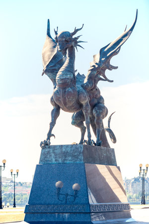 A menacing genre sculpture of the dragon Zilant - the symbol of the city of Kazan. Russiaの写真素材