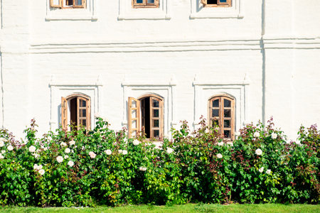 Windows of an old white-stone building in Russian style on the territory of the Kazan Kremlin. Russiaの写真素材