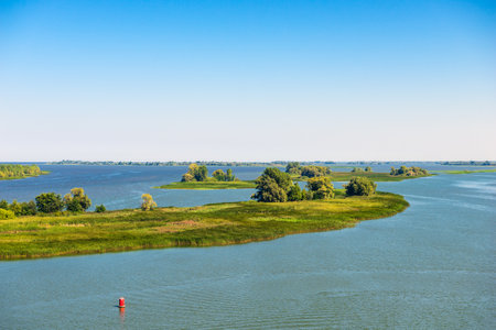 Picturesque landscape of the Volga River flood and green islands on it. Russiaの写真素材