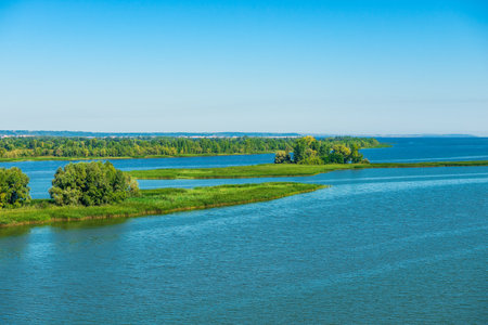 Picturesque landscape of the Volga River flood and green islands on it. Russiaの写真素材