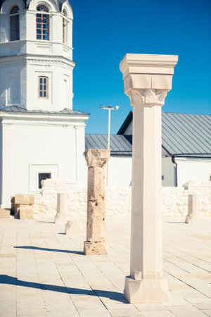 Ancient Column of the White Cathedral Mosque with the Great Minaret Bolgar. Russia
