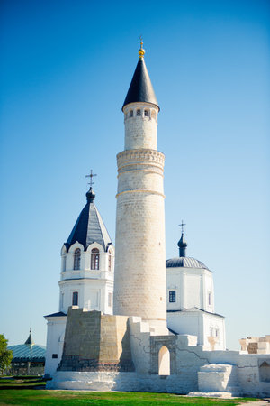 Beautiful white Cathedral Mosque with the Great Minaret Bolgar. Russiaの写真素材