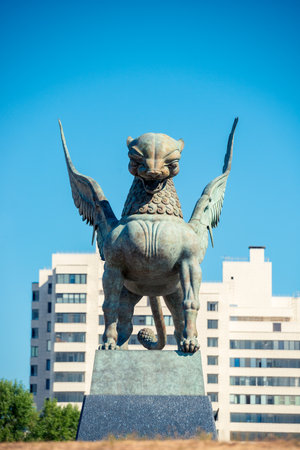 Unusual genre sculpture of a winged leopard in the city of Kazan. Russiaの写真素材