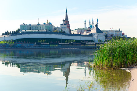 The bank of the river Kazanka with a beautiful view of the Kazan Kremlin. Russiaの写真素材