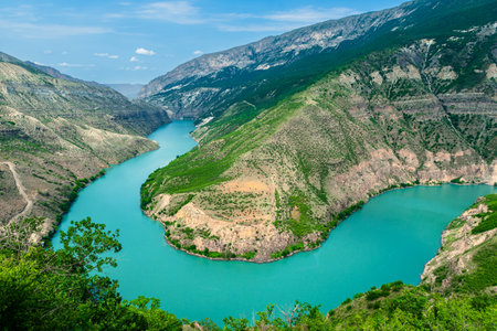 Beautiful view of the bend of a mountain river in the Sulak canyon in the mountains of the North Caucasus of Dagestan. Russiaの写真素材