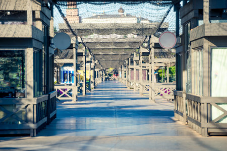 Empty deserted pedestrian sidewalk of the park early in the morningの写真素材