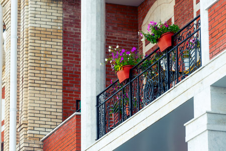 Flower pots on black cast iron balcony railing at homeの写真素材