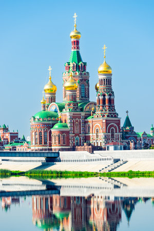 Picturesque Cathedral of the Annunciation of the Blessed Virgin Mary in Yoshkar-Ola on the river embankment. Russiaの写真素材
